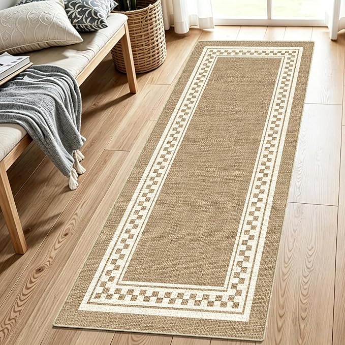Faux Linen Washable Runner Rug Absorbent Surface 2x6 Warm Brown | Non-Slip TPR by WIEVEDENS