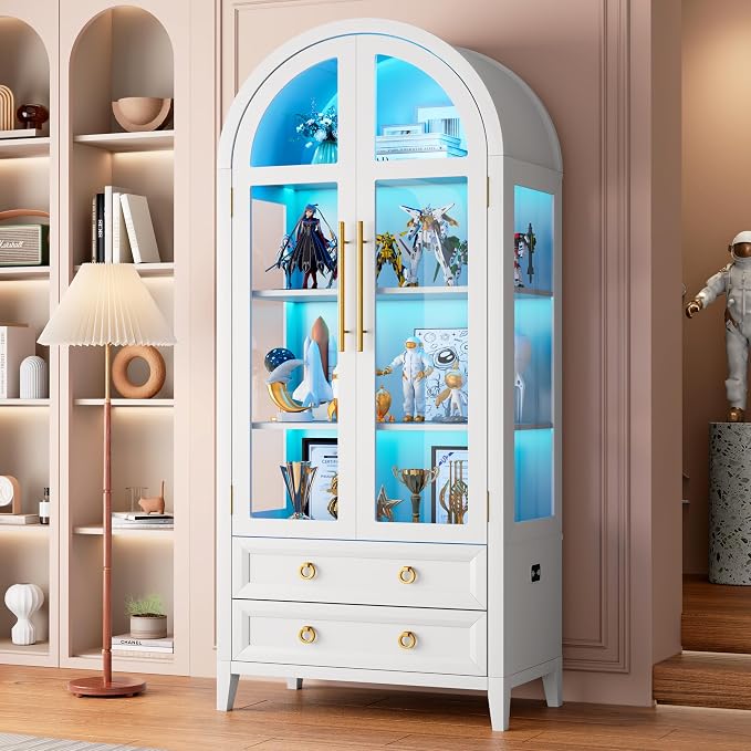Vlsrka 71 Inch Arched Curio Cabinet, 4-Tier Display Cabinet and 2 Drawers - Image 9