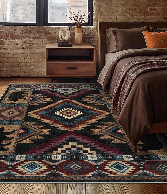 Rustic Cabin Area Rug for Bedroom 5x7, Machine Washable Lodge Bear Rug - Image 4