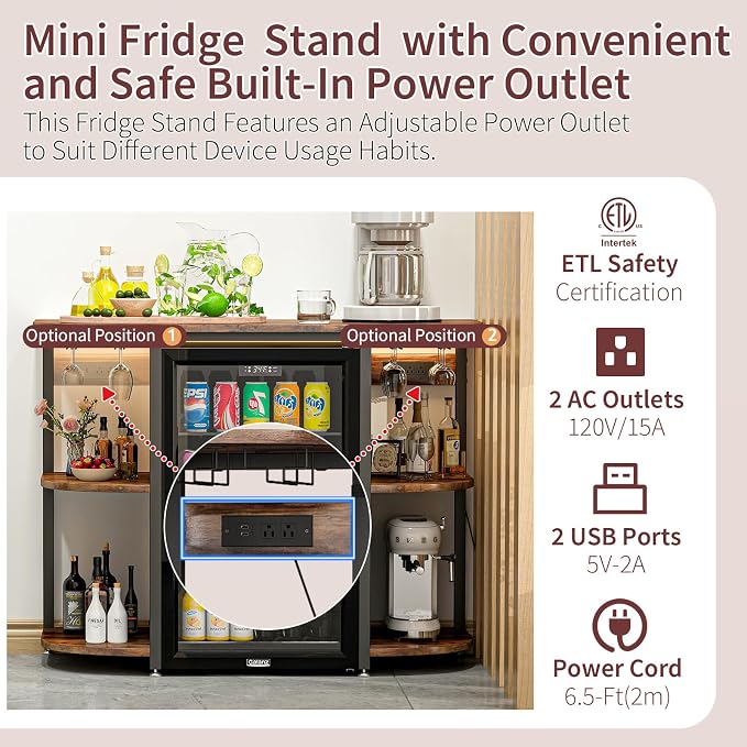 Mini Fridge Cabinet Stand with Power Outlet and Led Light, Coffee Bar Cabinet - Image 5