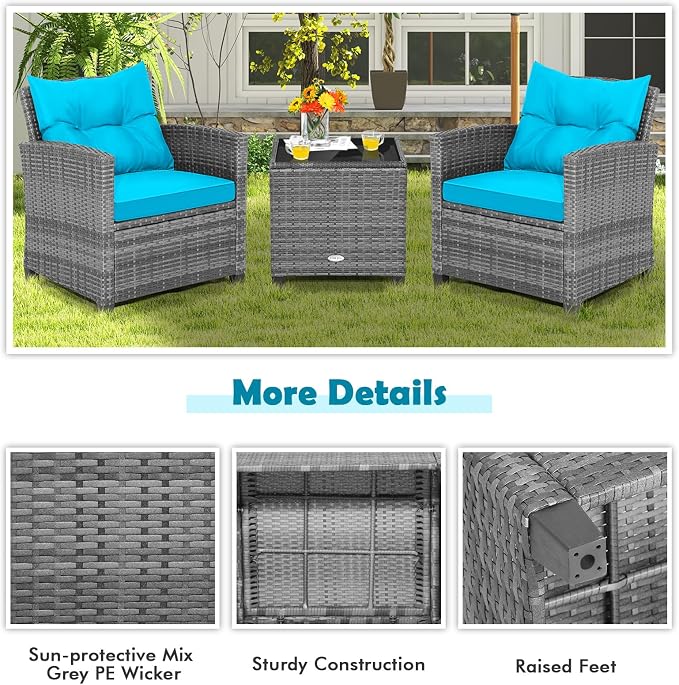 COSTWAY 3PCS Patio Furniture Set, PE Rattan Wicker Sofa w/Washable Cushion and - Image 7