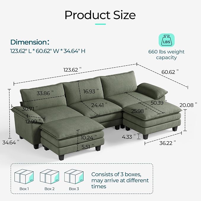 LINSY HOME 123" Modular U-Shaped Sectional Sofa, 3-Seat Corduroy Modern Cloud - Image 2