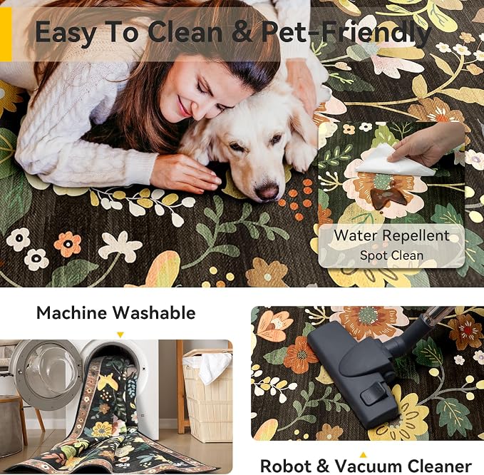 RELEANY Floral Washable 3x5 Area Rugs Black/Yellow | Flower Carpet Print Boho - Image 4