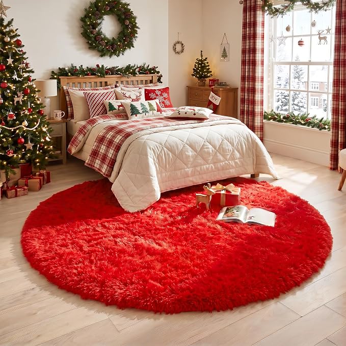 Amdrebio Red Fluffy Round Rug 5Ft - Image 7