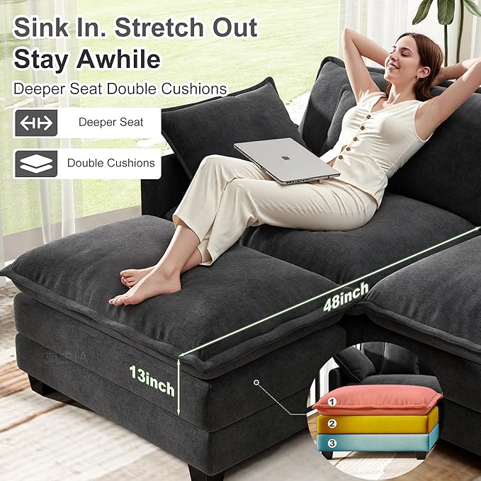 146" Cloud Couch Sectional, U Shaped Modular Sectional Sofa, 4-Seat Deep Seat - Image 4