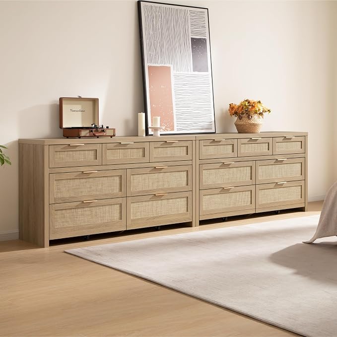 SICOTAS 7 Drawer Dressers for Bedroom Set 2, Long Rattan Dresser, Dresser TV - Image 5