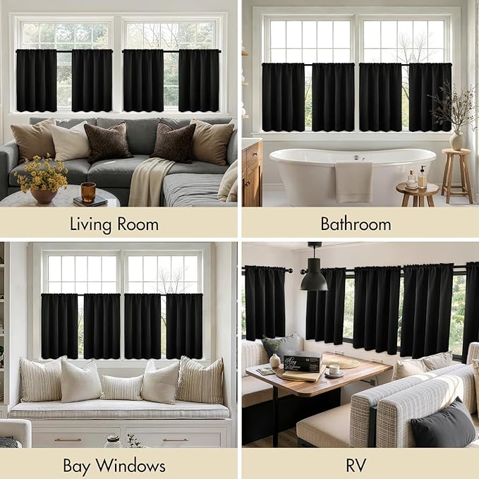 MIULEE 4-Panel 36 Inch Blackout Kitchen Tier Curtains Over Sink Black | Privacy - Image 6