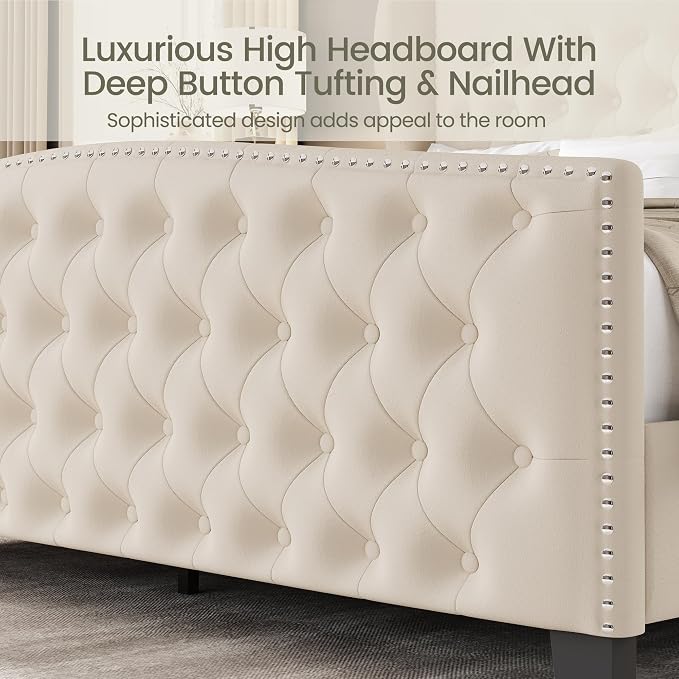 LARMACE King Size Bed Frame Velvet Upholstered Platform Bed - Image 4