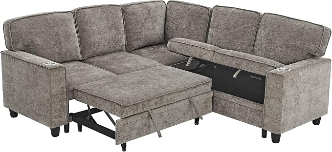 L-Shaped Sectional Couch with Storage and Pull Out Bed, Convertible Sofa Bed by LITVZ