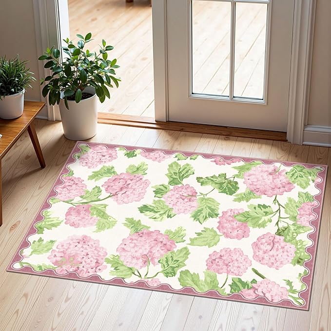 Front Door Mat Outside Entrance, 2x3 Pink White Floral Entryway Rug | Non-Slip by Othilic