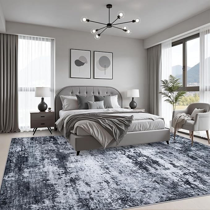 Area Rug Living Room: 8x8 Modern Washable Indoor Carpet Black | - Image 3