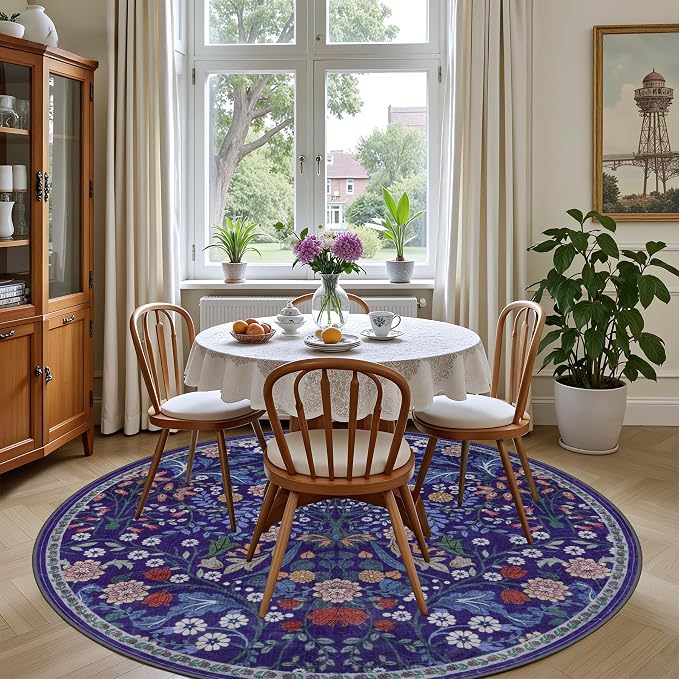 PLHXFR Round Area Rug Living Room: 6 ft Floral Washable Soft Carpet Blue | - Image 4