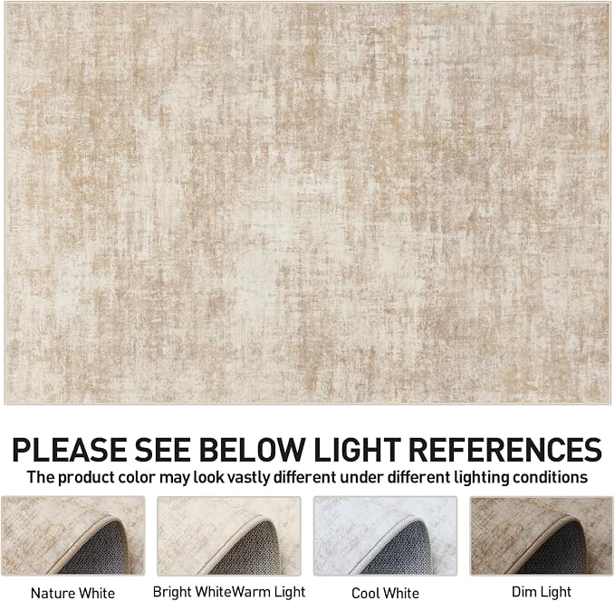 5x7 Area Rugs for Living Room: Washable Abstract Beige Badroom Carpet | - Image 8
