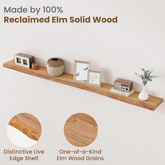 Floating Shelves for Wall Decor, Rustic Solid Elm Wood Live Edge Floating - Image 3