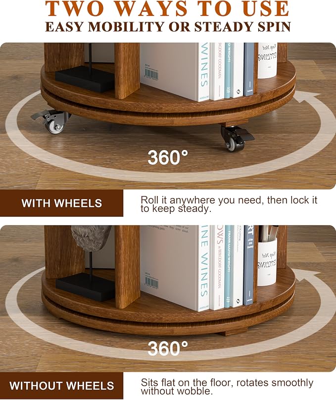 5-Tier Solid Wood Rotating Bookshelf on Wheels, 360° Spinning Book Shelf Tower - Image 5