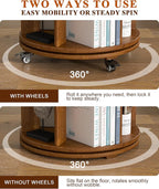 3-Tier Solid Wood Rotating Bookshelf on Wheels, 360° Spinning Book Shelf Tower - Image 5