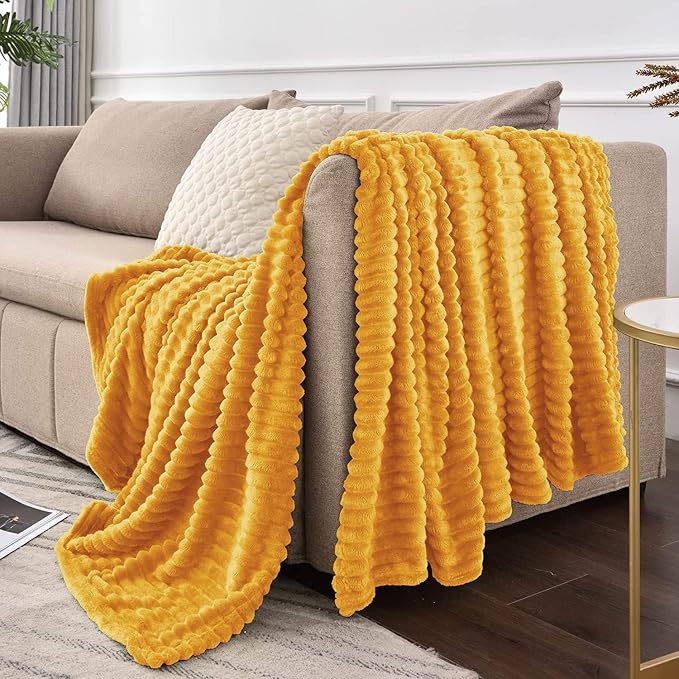BEDELITE Ribbed Mustard Yellow Fleece Throw Blanket - Image 9