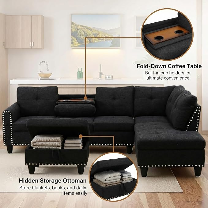 97.5" L Shaped Couch Set Linen, Modular Sectional Couches - Image 5