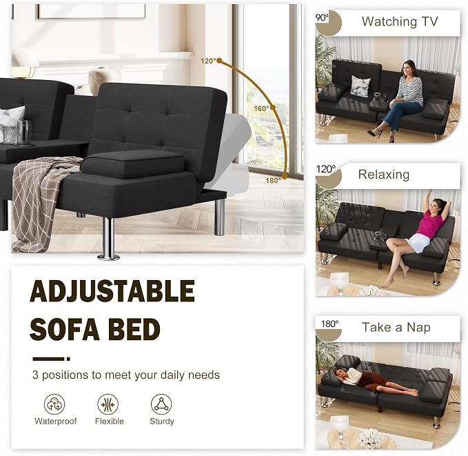 Shahoo Modern Linen Upholstered Convertible Folding Futon Sofa Bed - Image 4