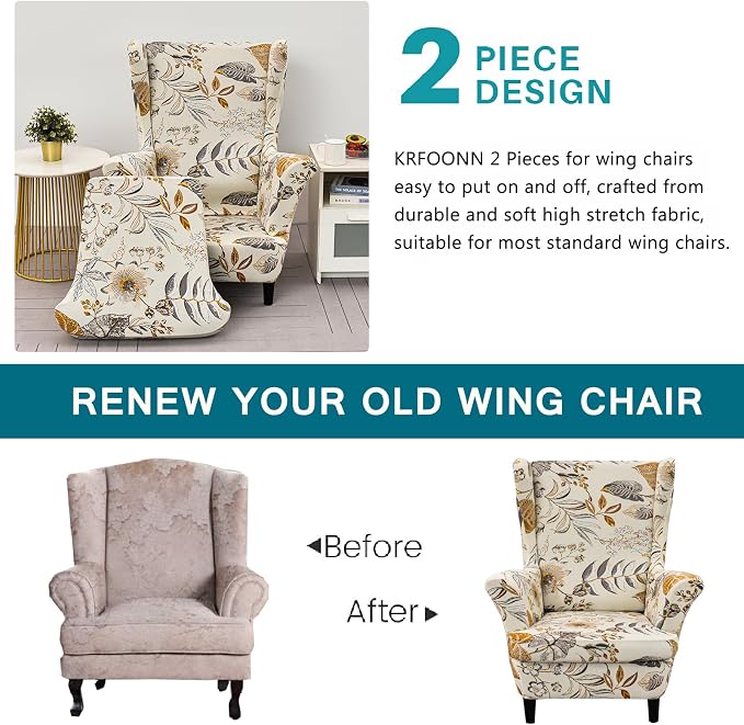 KRFOONN Wingback Chair Covers Slipcovers 2 Piece Stretch Wing Chair Covers - Image 3
