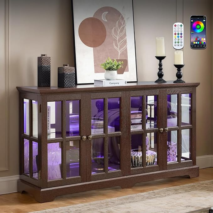 59" W LED Curio Cabinet with 7 Color Lights, Vintage Glass Display Case with by CKEASEANFurniture