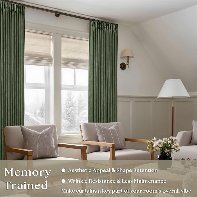 Linen Pinch Pleated Light Filtering Olive Green Curtains 96 Inches Long | - Image 2
