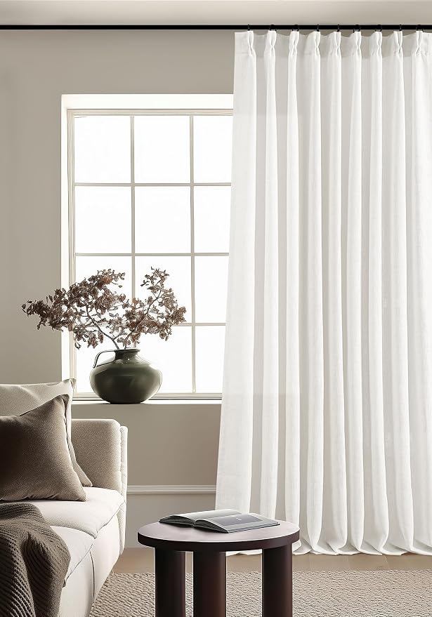 90 Inches Long Linen Curtains 60 Inch Width Pinch Pleated Beige White | Ivory by Twodrapes
