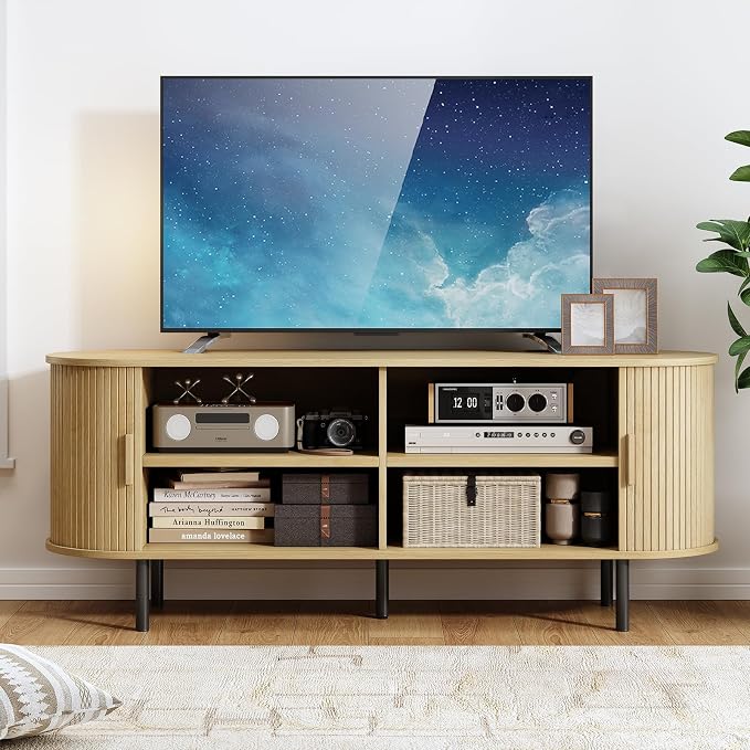 55" TV Stand with Power Outlet, Modern Media Console with Sliding Doors - Image 5