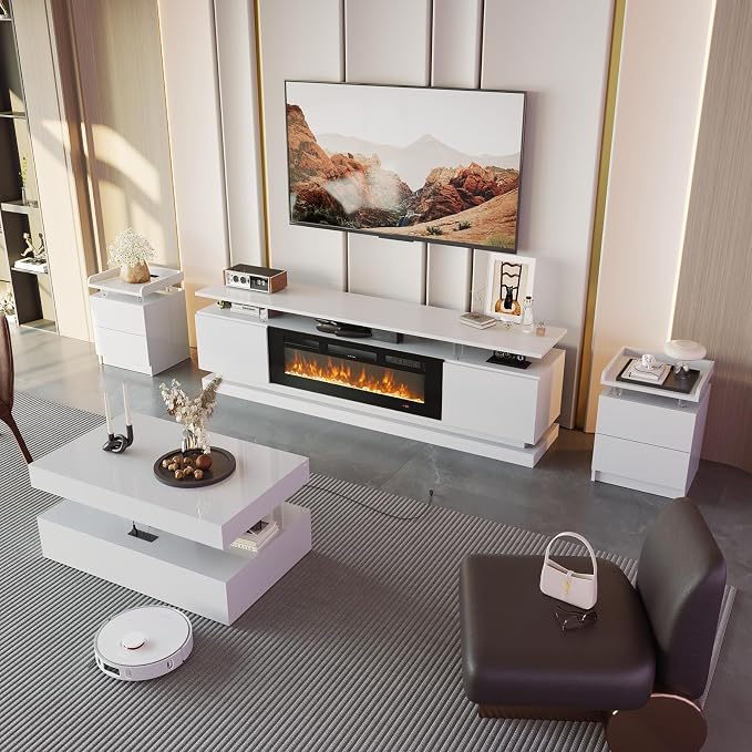 4-Piece Modern Living Room Table Set, Includes High Gloss 70" Fireplace TV Stand - Image 2