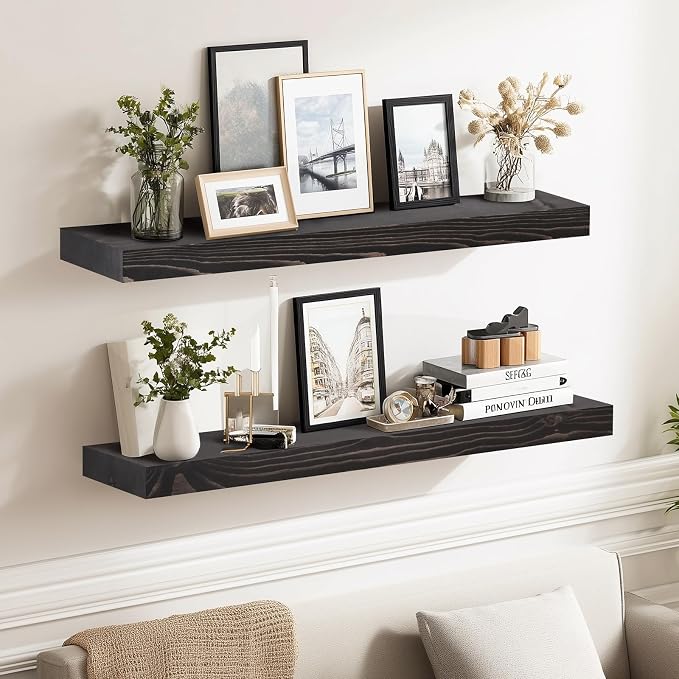 24x8x1.6 inch Floating Shelves Set of 2 – Solid Wood Rustic Black Wall Mounted - Image 7