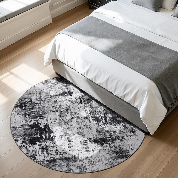 Rugflix Round Area Rugs 6Ft for Living Room, Washable Black Grey Circle Rug | - Image 3