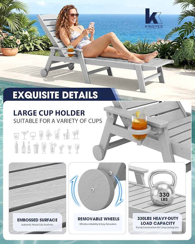 KINGYES HDPE Lounge Chair Outdoor, Patio Chaise Lounge Recliner - Image 4
