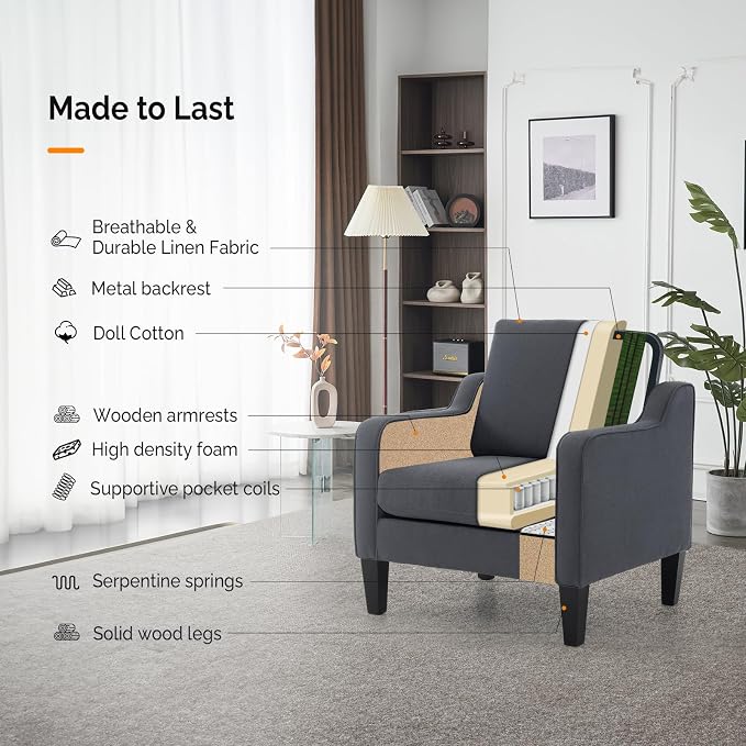VINGLI Mid-Century Modern Accent Chair, Dark Grey Linen Upholstered, - Image 5