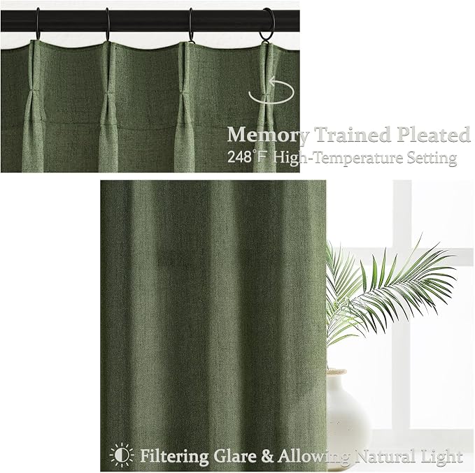 Custom Olive Green Pinch Pleated Drapes Linen Blend Light Filtering Curtains 86 - Image 3