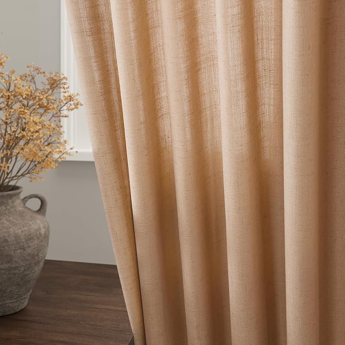 Camel Linen Semi Sheer Curtains 72 Inches Long 2 Panels Set - Image 3