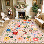 PLHXFR Area Rug 10x14 Living Room: Floral Washable Boho Soft Carpet Beige | by PLHXFRSoftAreaRugs