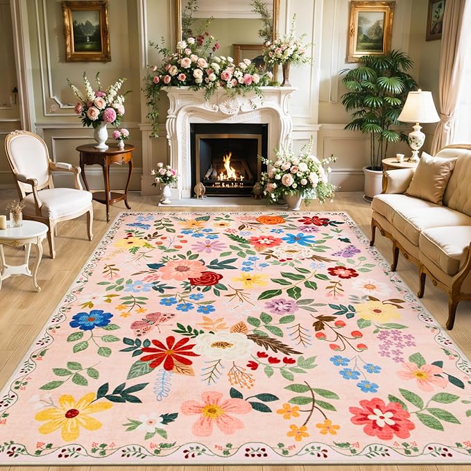 PLHXFR Area Rug 10x14 Living Room: Floral Washable Boho Soft Carpet Beige | by PLHXFRSoftAreaRugs