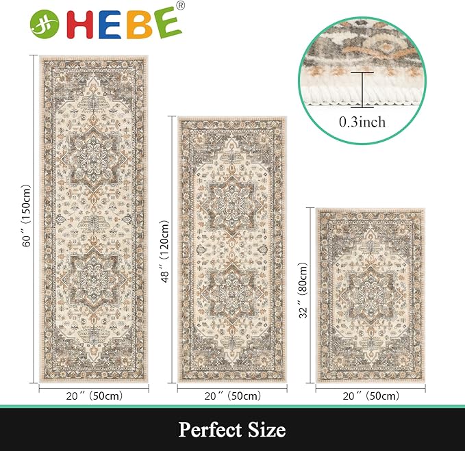 HEBE Boho Kitchen Rugs Set of 3, Non Slip Washable Kitchen Mats - Image 2