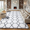 8x10 Area Rugs for Living Room, Fluffy White and Grey Geometric Bedroom Rug | by ONASAR