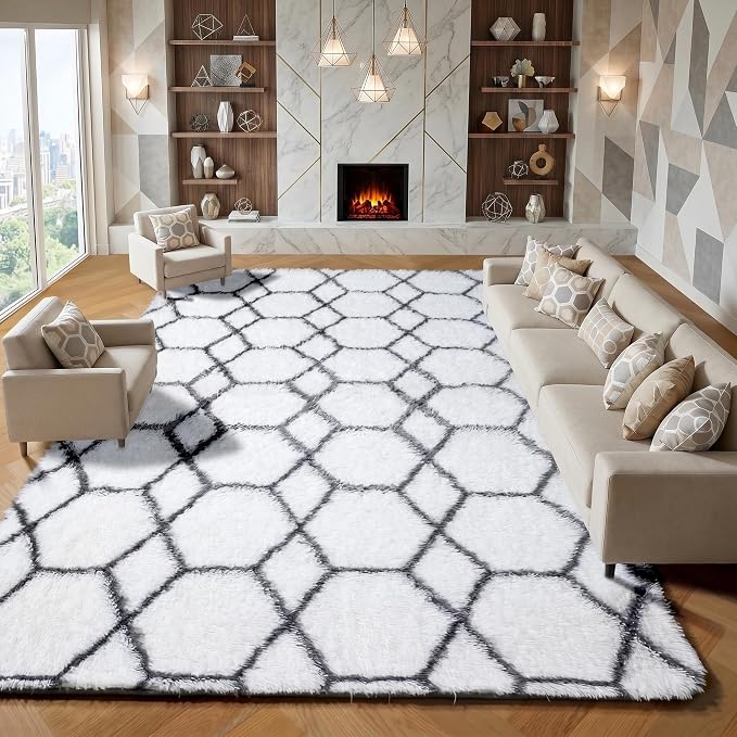 Area Rugs for Living Room, 7x10 Fluffy White and Grey Geometric Bedroom Rug | by ONASAR