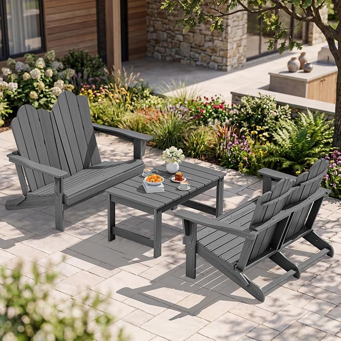 SERWALL Outdoor Patio Adirondack Set, 2 Folding Adirondack Bench & 1 Coffee by SERWALL