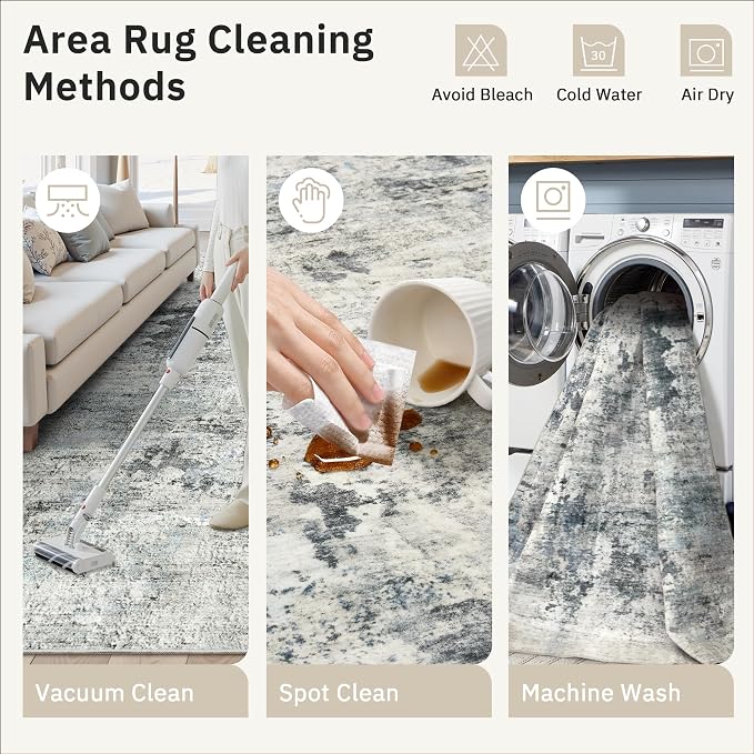 Soalmost Abstract Rug 8x10 Large Living Room Area Rugs Washable Gray/Blue | - Image 9