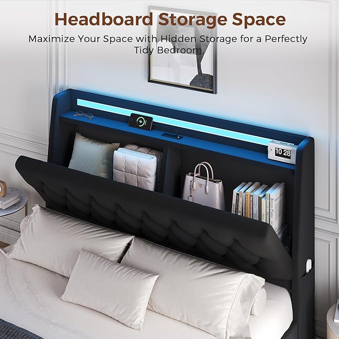 Full LED Velvet Bed Frame with 2 Storage Drawers&Hidden Headboard, Upholstered - Image 3
