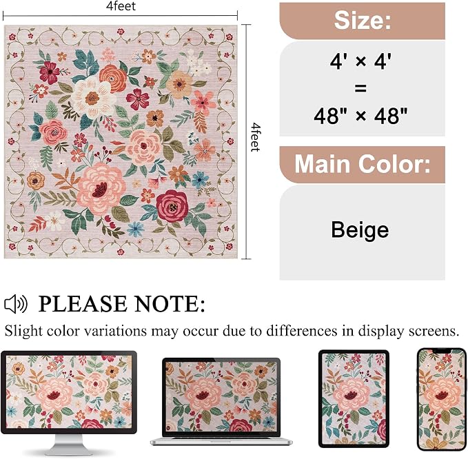 DUKINO 4x4 Square Area Rug, Soft Floral Washable Rug - Image 2