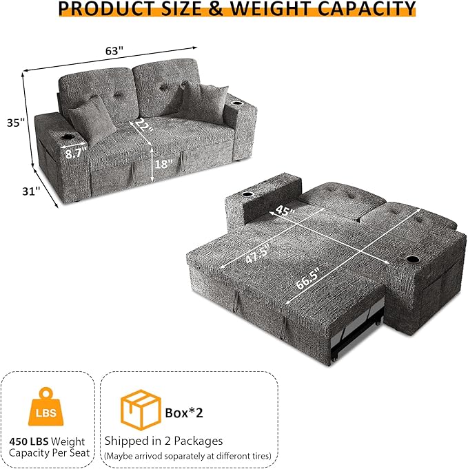 63 Inch Sleeper Sofa Bed, 3 in 1 Pull Out Couch Bed - Image 3