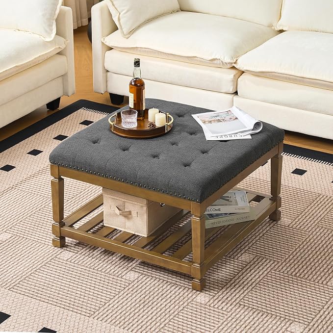 Befurtori Large Square Ottoman Coffee Table, Linen Solid Upholstered Footrest - Image 3
