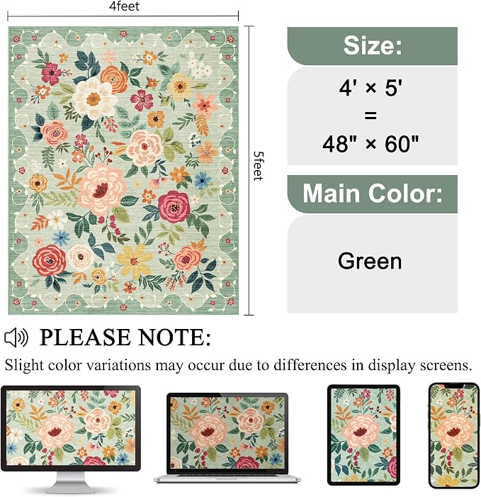 DUKINO 4x5 Area Rug for Entryway, Soft Floral Washable Rug Non Slip, - Image 2