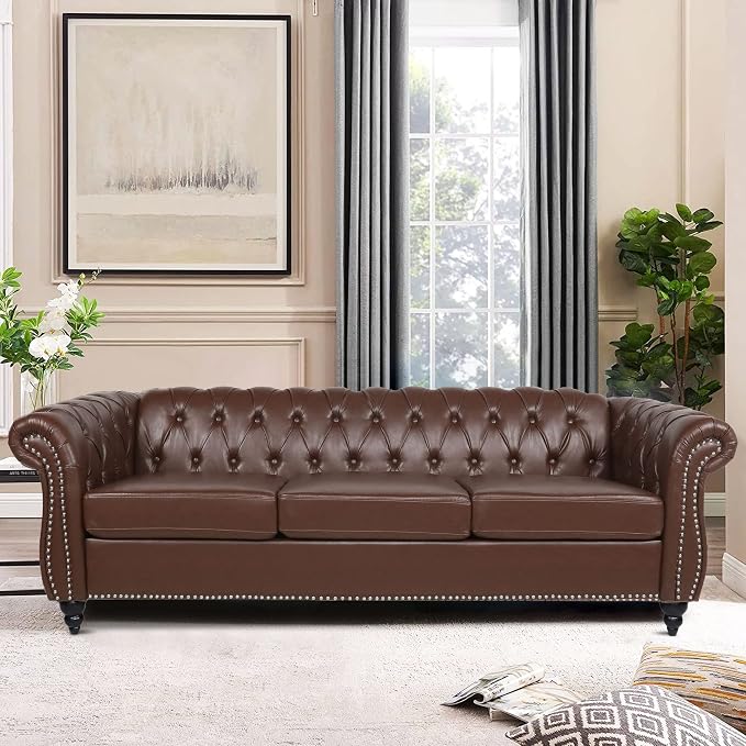 LEVNARY Chesterfield Sofa, Classic Tufted Upholstered Leather Couch, Modern 3 by LEVNARY