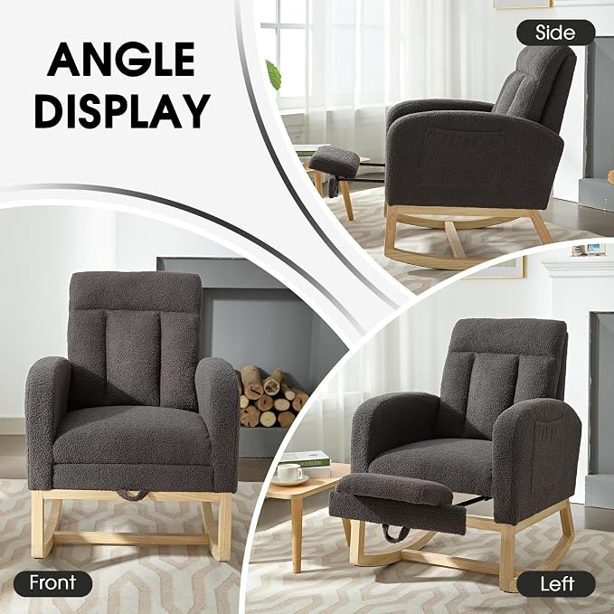 NIOIIKIT Modern Nursery Rocking Chair, Teddy Upholstered Rocking Chair - Image 8