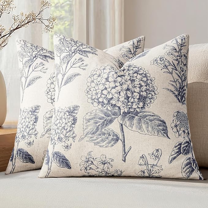 Set of 2 Decorative Floral Pillow Covers 18x18 Inch Navy Blue | Neutral by SWANCOCO